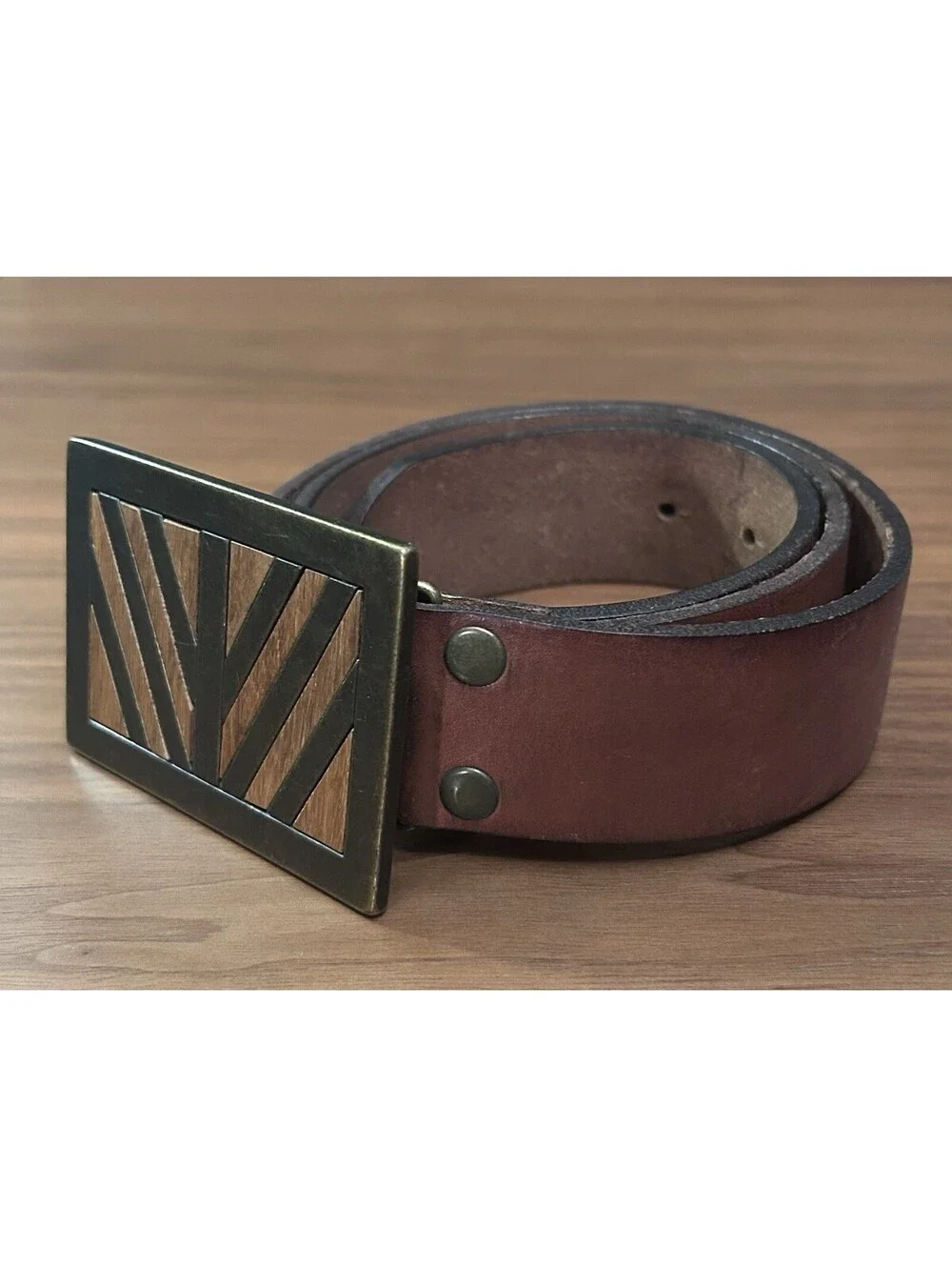 Levis Genuine Leather Belt Brown Wood Inlay Buckle Size 34/35 Rustic Style